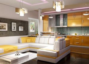 Дизайн гостиной-объединенной с кухней и столовой, и фото совмещенного интерьера