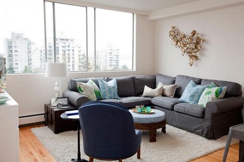 Серый диван в интерьере гостиной фото: коричневый и фиолетовый, синий и светло-бежевый, красный и зеленый, сиреневый