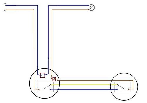 Схема подключения проходного выключателя с 2х мест
