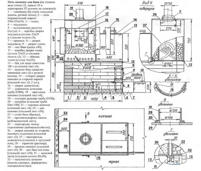 Чертеж печи для бани из кирпича