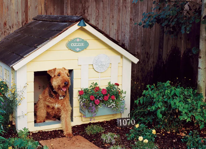 Декоративная будка для собаки в саду