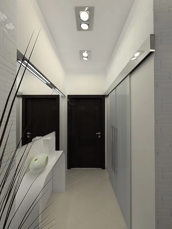отделка в холодных тонах длинного коридора в дизайне в квартире
