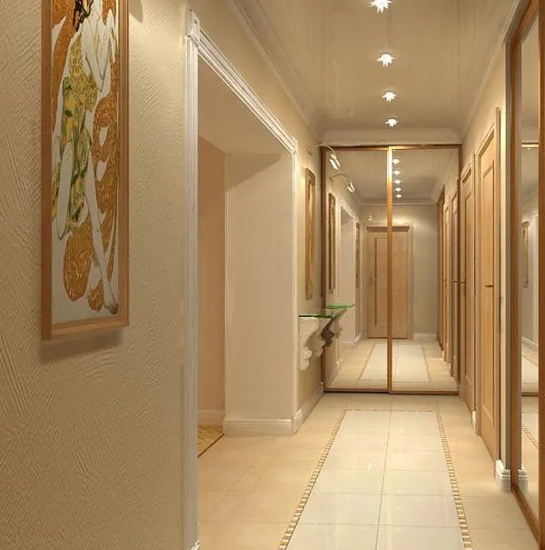 зеркальные фасады в дизайне длинного коридора в квартире фото 