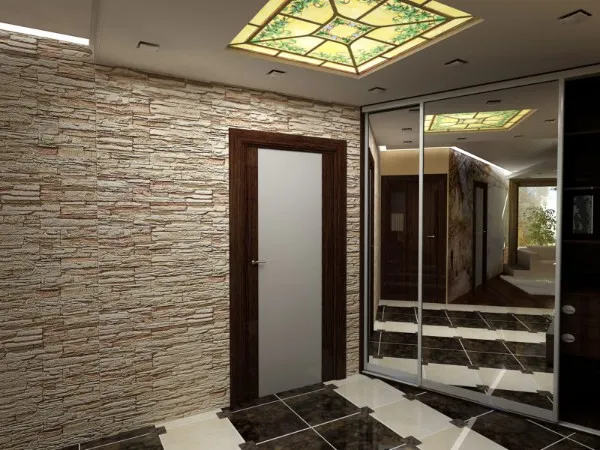 винтажное стекло на потолке и искусственный камень в отделке коридора в квартире пример дизайна