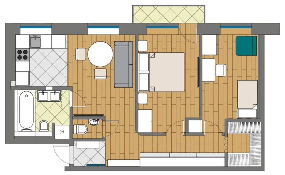 Планировка 2х комнатной квартиры 44м2