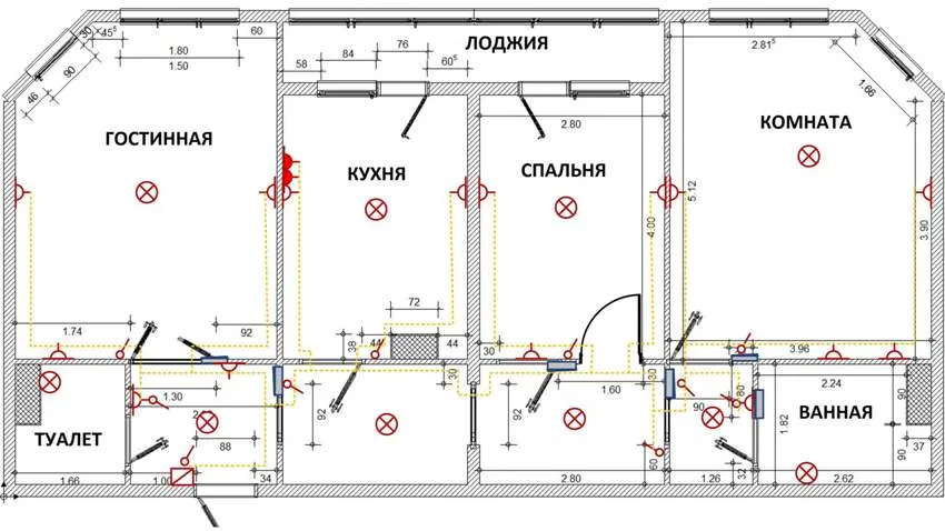 Схема разводки электропроводки необходима для определения места установки силовых элементов, таких как: распределительный щит, автоматические выключатели, счетчики