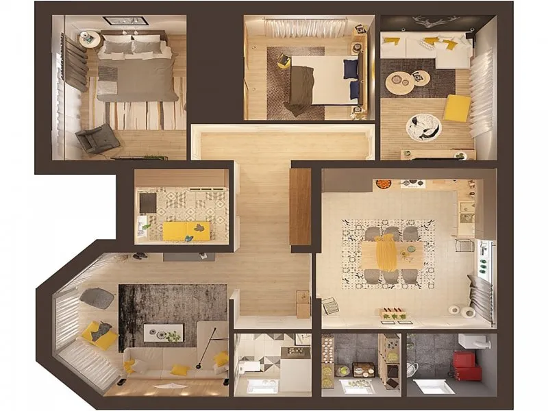 Планировка 4 комнатной квартиры 3d
