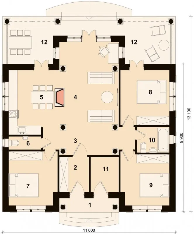 Адриатика 99 м2- проект одноэтажного дома с 3 спальнями - Инваполис