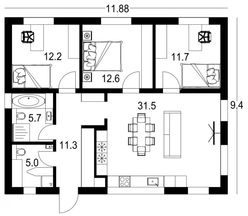 Планировка одноэтажного дома 90 м2