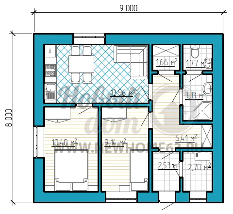Планировка одноэтажного коттеджа размером 8 на 9 метров с двумя небольшими спальными