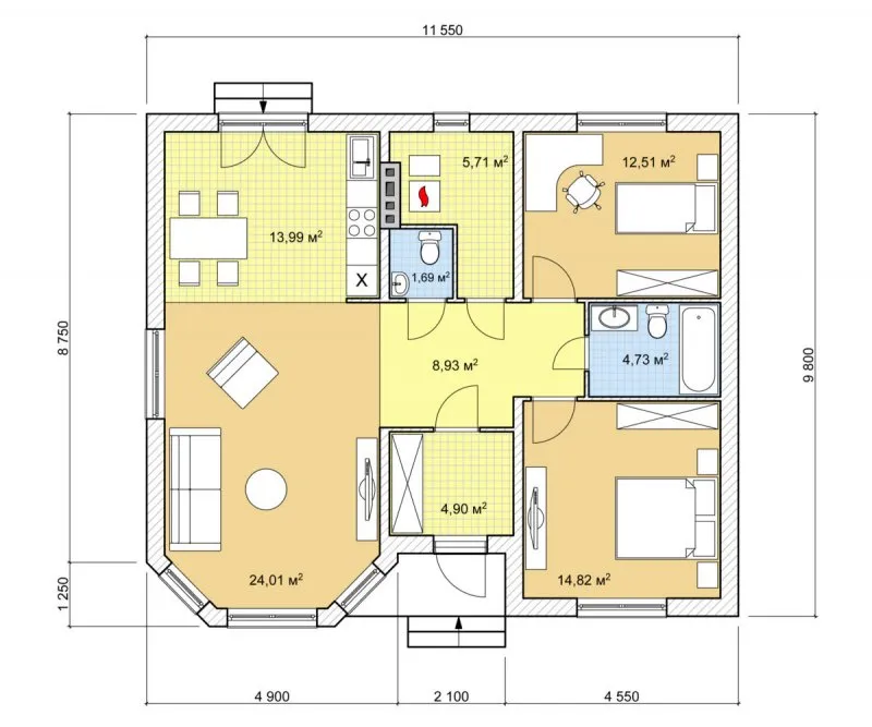 Планировка одноэтажного дома с террасой 120-150 кв.м
