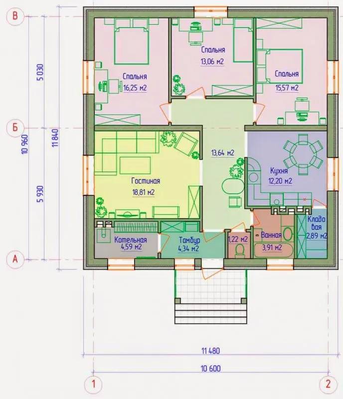 Проекты домов 12х12 одноэтажный с 3 спальнями