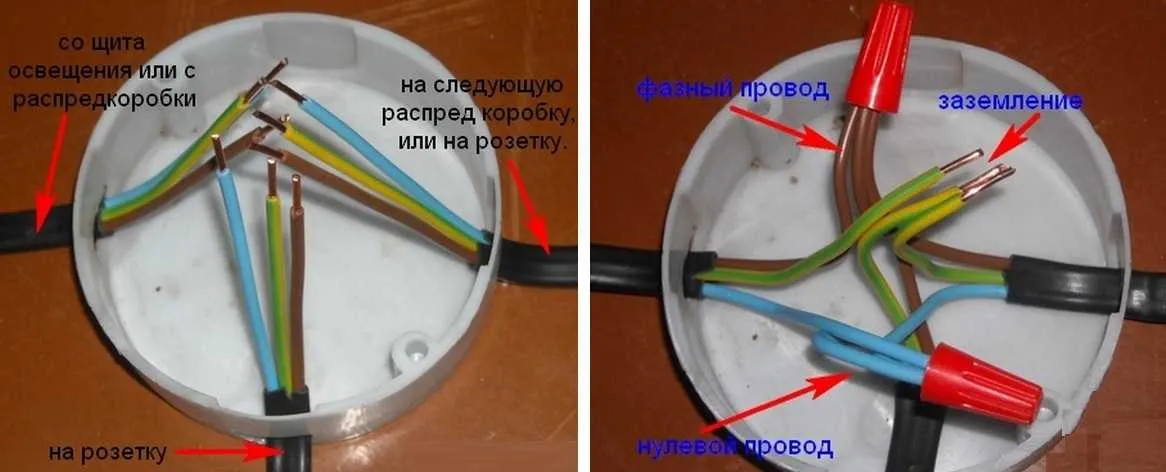 Схема расключения розетки в распределительной коробке