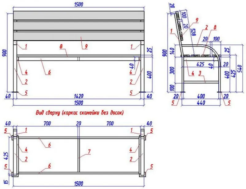 Лавочка со спинкой из профильной трубы чертеж