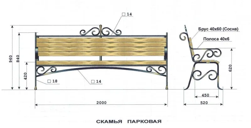 Скамейка металлическая из профтрубы чертежи