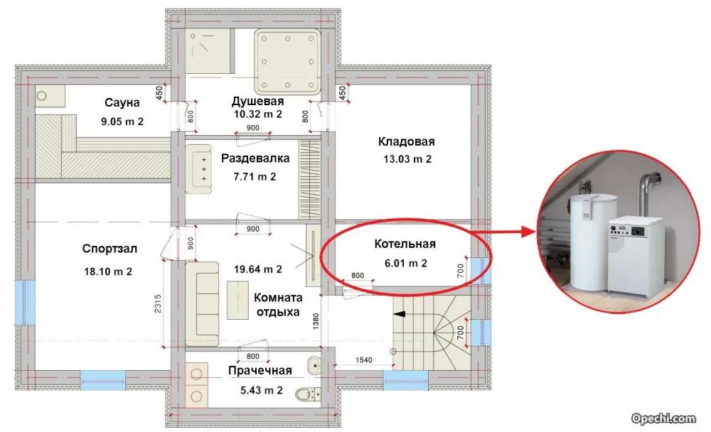 Нормируется не площадь котельной, а ее объем, задается также минимальная высота потолков