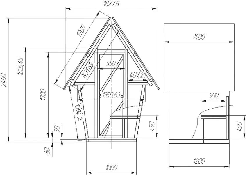 Чертеж с размерами торфяного туалета для дачи