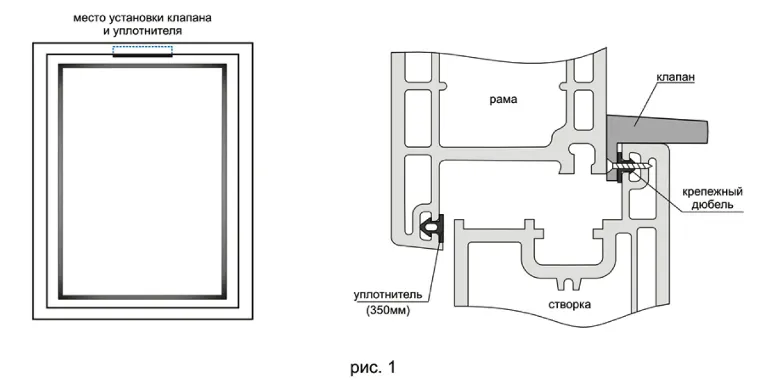 чертеж установки клапана вентиляции на окно