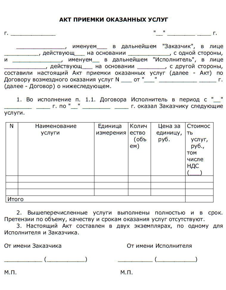 Акт оказанных услуг (образец) | ИП или ООО