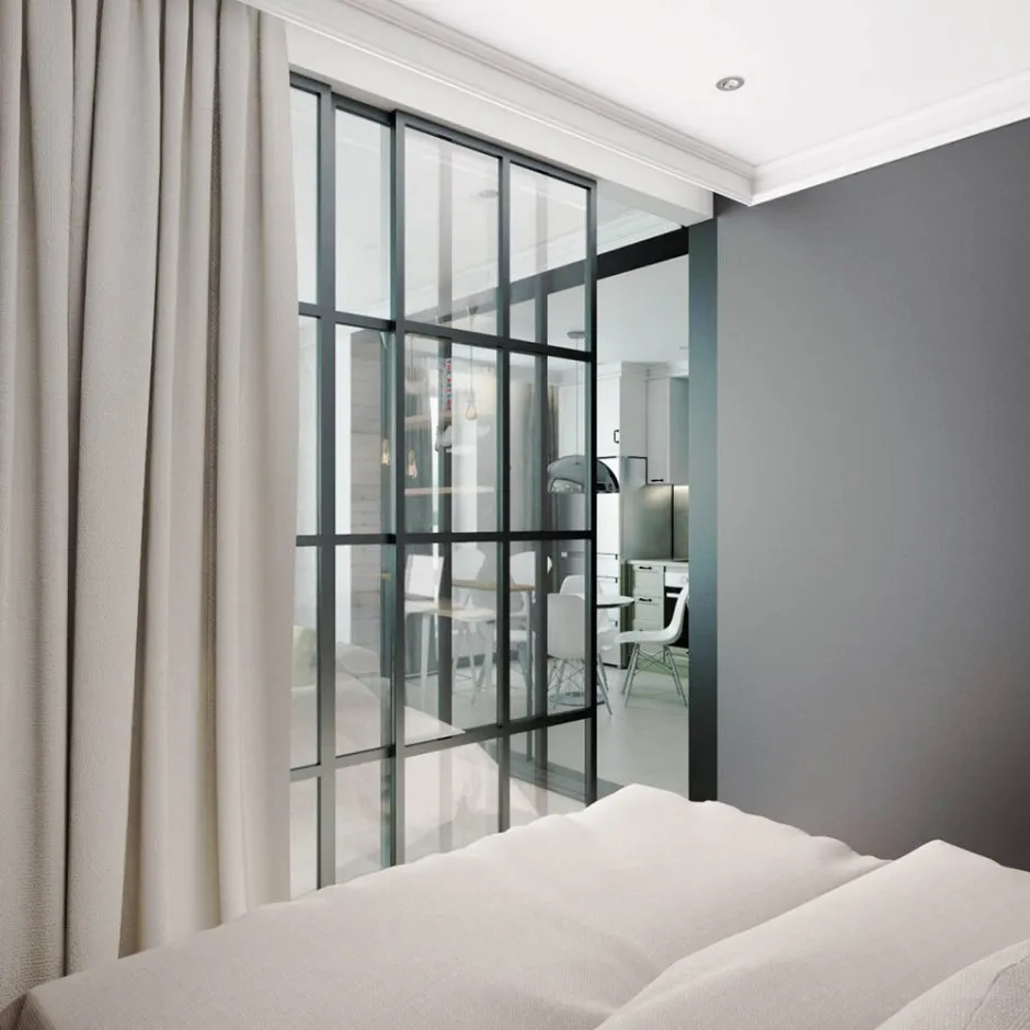 Спальня гостиная со стеклянной перегородкой