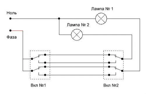 Электрическая схема подключения двух двухклавишных проходных выключателей