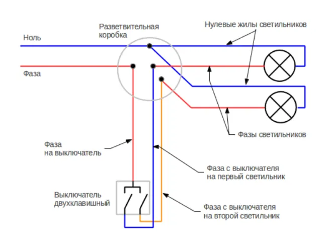 схема подключения двухклавишного выключателя