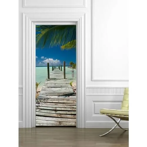 Декоративная наклейка на входную дверь, стену или холодильник «Тропический причал», самоклеющаяся, единое полотно