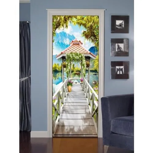 Декоративная наклейка на дверь в доме, стену или холодильник «Фреска выход к озеру», самоклеющаяся, единое полотно