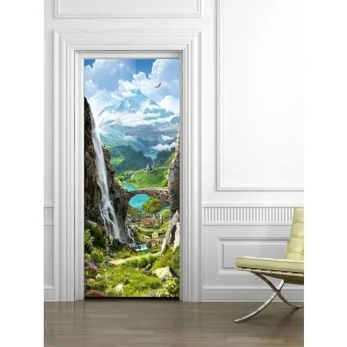 Декоративная наклейка на входную дверь, стену или холодильник "Вид на гору и водопад", самоклеющаяся, единым полотном