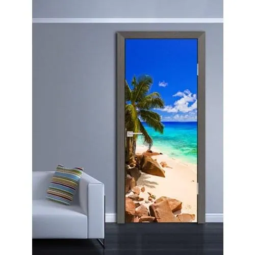Декоративная наклейка на входную дверь, стену или холодильник «Пляж на Сейшельских островах», самоклеющаяся, единым полотном