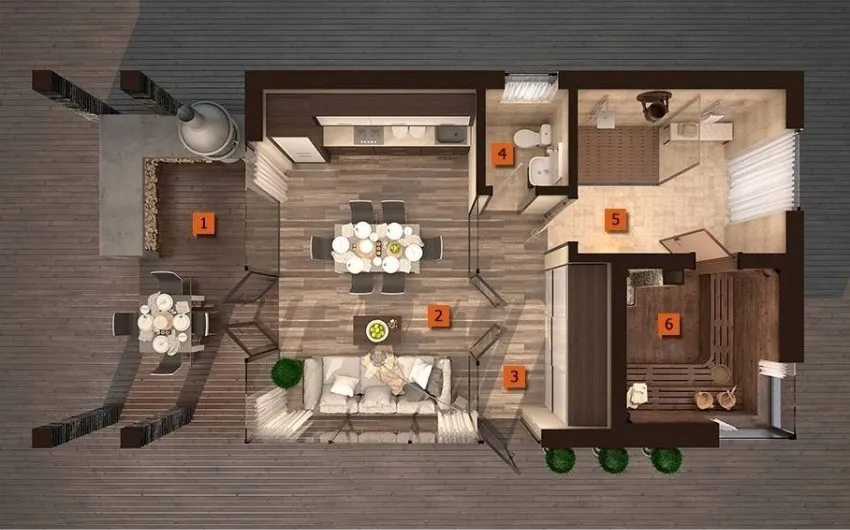 1 - терраса с барбекю, 2 - комната отдыха, 3 - коридор, 4 - санузел, 5 - душевая, 6 - парная