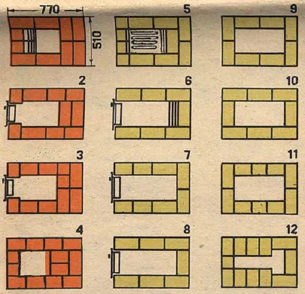 Порядовка кладки печи с 1 по 12 ряд