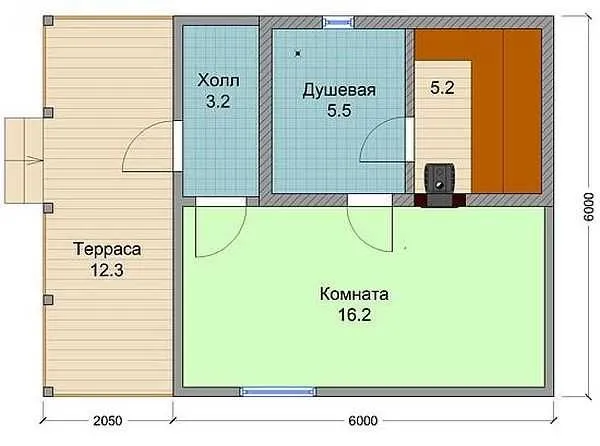 Проект бани из пенобетона с террасой и большой комнатой отдыха