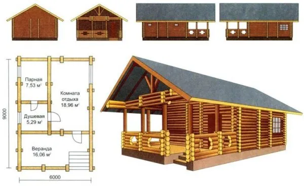 Проект бани из бревна 6х9 м