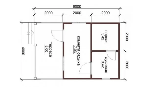 Баня из профилированного бруса 4x6 метров с комнатой отдыха и террасой 
