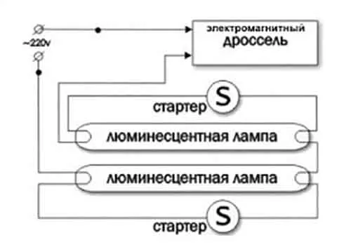 Соединение двух источников света с дросселем