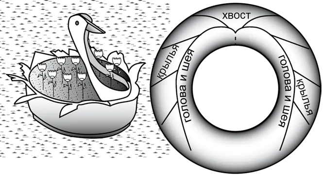 Схема клумбы в виде лебедя справа и рисунок изделия слева