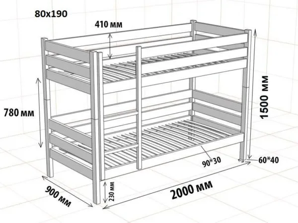 Чертеж двухъярусной кровати для детей не старше 10 лет