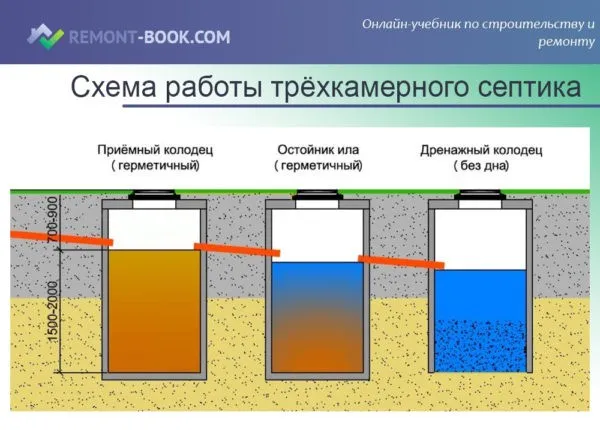 Схема работы трёхкамерного септика