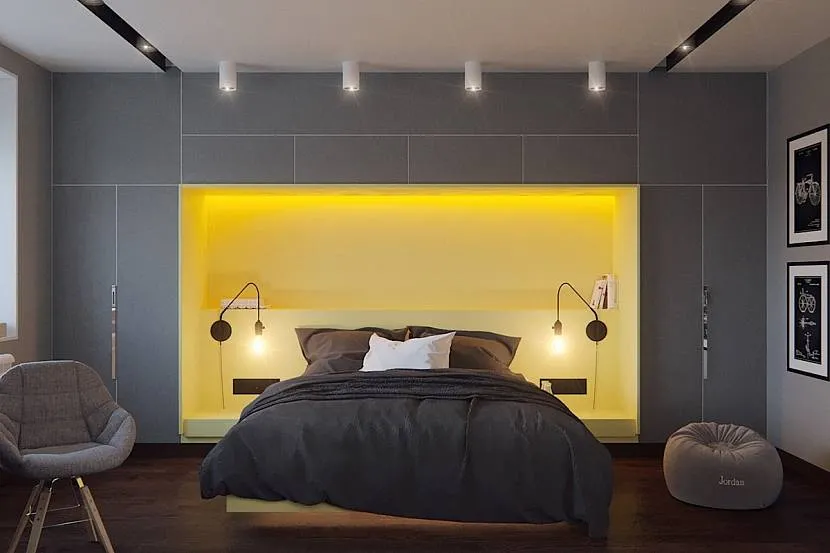 Желто-серая спальня