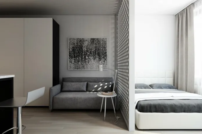 интерьер спальни-гостиной в стиле минимализм