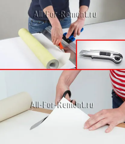 Раскрой обоев производится либо с помощью канцелярского ножа, либо применением ножниц