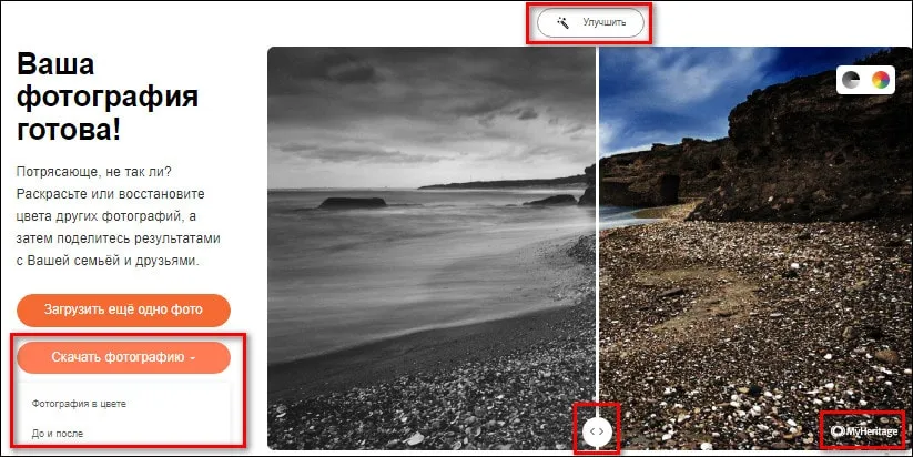 Раскраска черно-белого фото в MyHeritage
