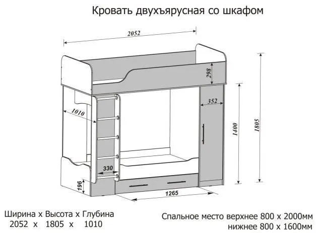 размеры двухъярусной кровати для детей