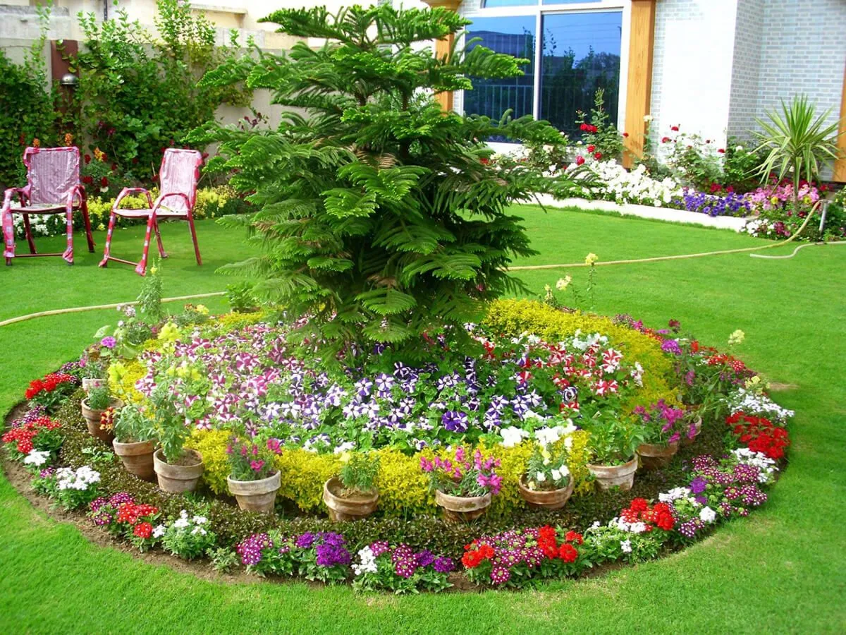 дизайн садового участка с цветочной клумбой 
