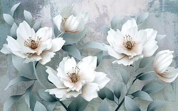 Фотообои Красивые белые 3Д цветы на фоне стены