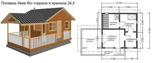 Проект небольшой бани с крыльцом и террасой