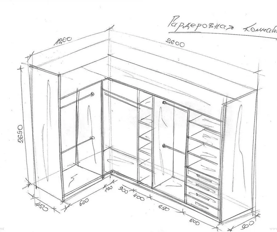 Чертеж угловой гардеробной комнаты с размерами