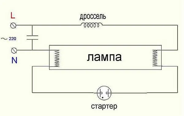 Схема включения люминесцентной лампы со стартером