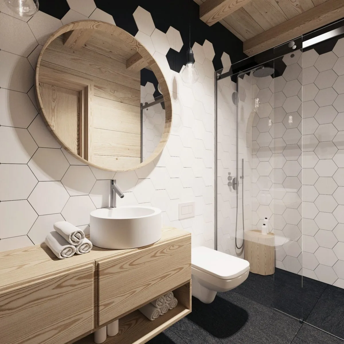 Белая плитка в форме шестиугольника на стенах ванной комнаты